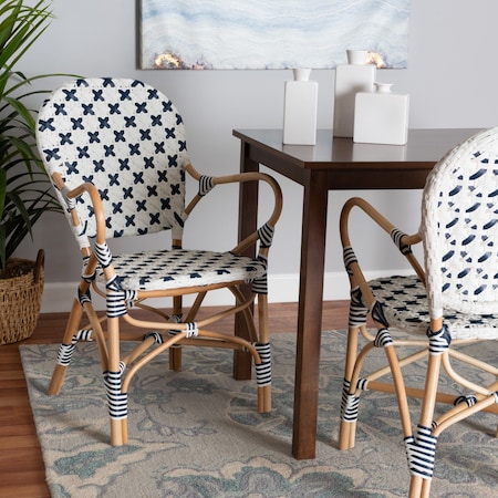 Baxton Studio Bryson Modern French Blue and White Weaving and Natural Rattan Bistro Chair 225-13113-ZORO